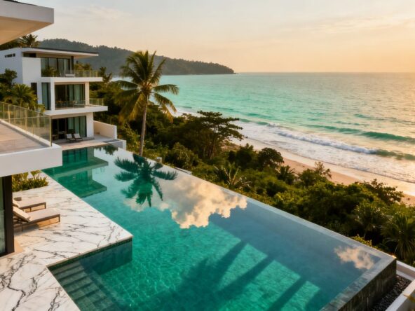 Luxury villas and pools overlooking Phuket's turquoise sea.