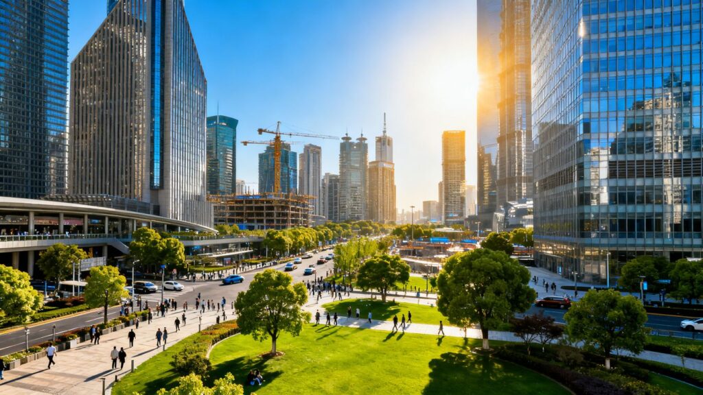 Thai cityscape with modern buildings and green spaces.