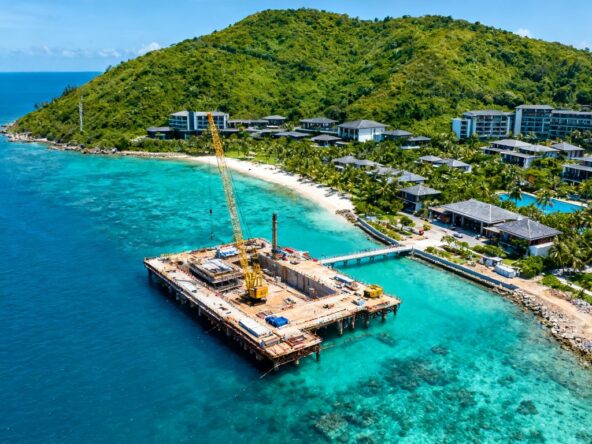 Phuket coastline with resorts and new construction.