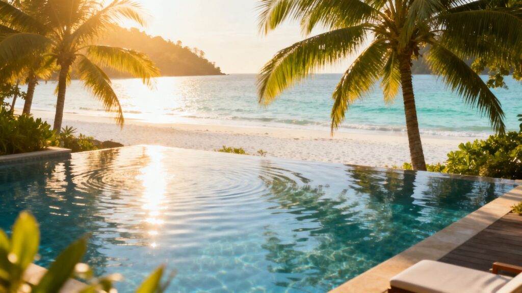 Luxury resort pool overlooking a tropical Phuket beach.