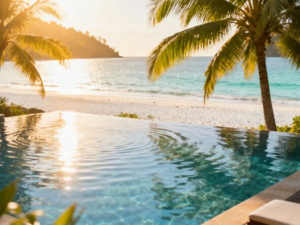 Luxury resort pool overlooking a tropical Phuket beach.