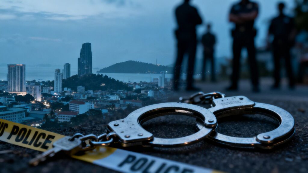 Phuket skyline with police tape and handcuffs overlay.