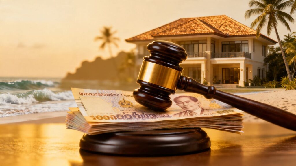 Gavel striking money near luxury villa, Phuket real estate crackdown.