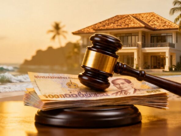 Gavel striking money near luxury villa, Phuket real estate crackdown.