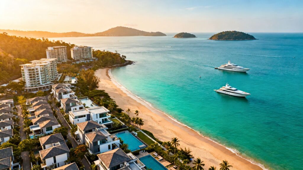 Phuket luxury villas and coastline with yachts.