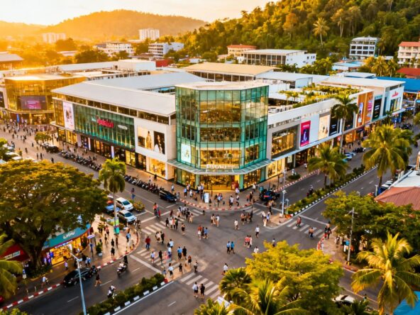 Phuket's booming commercial district with modern retail and busy streets.