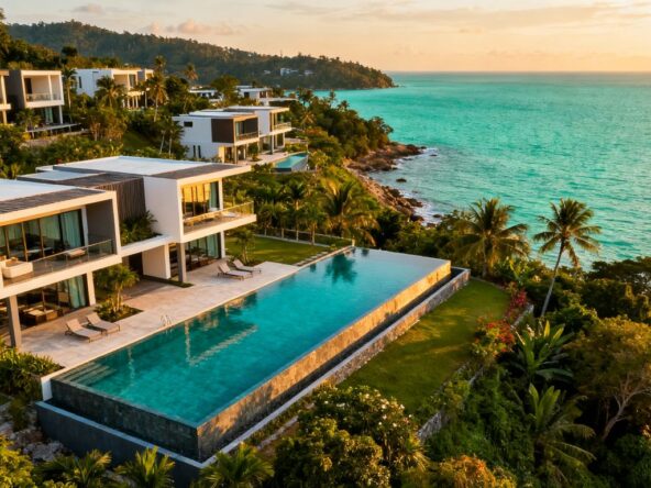 Luxury villas in Phuket overlooking the ocean.