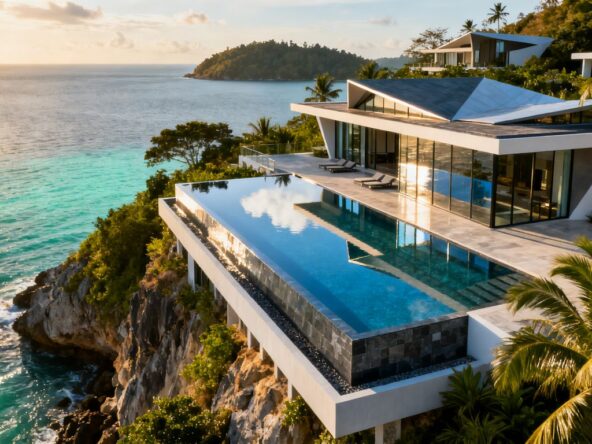 Luxury Phuket villa overlooking turquoise ocean waters.