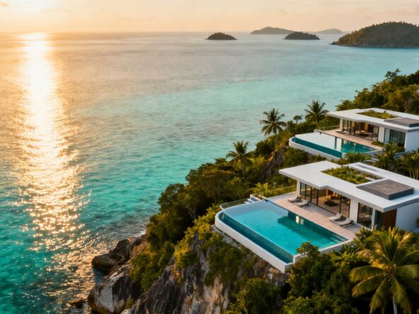 Luxury villas in Phuket overlooking the ocean.