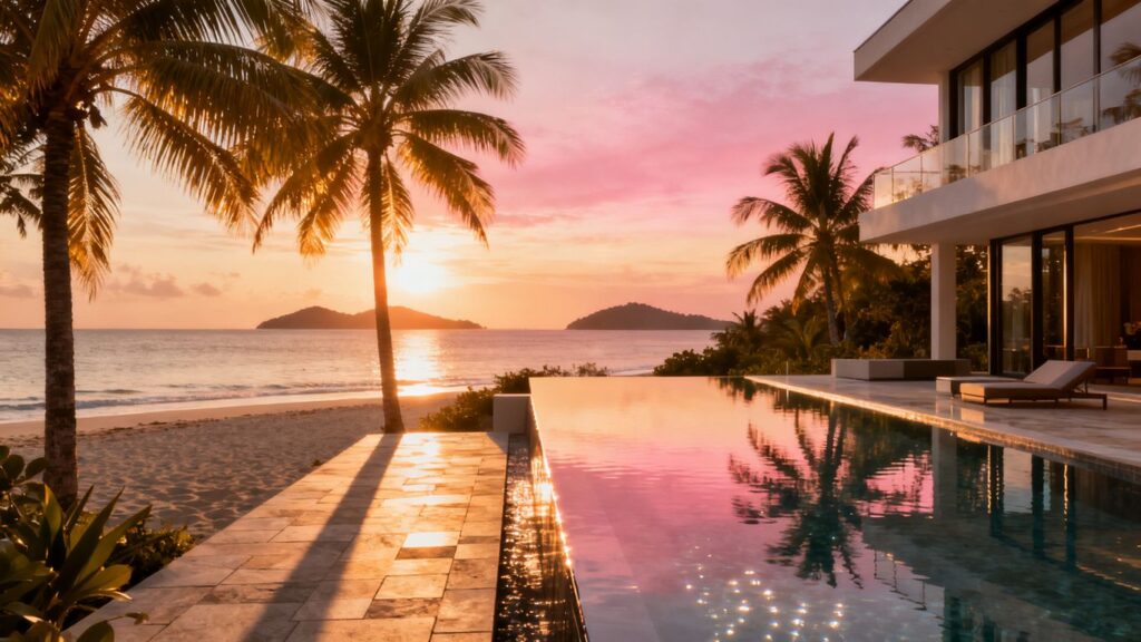 Sansiri resort property overlooking a tropical beach at sunset.
