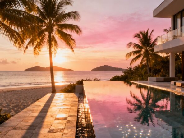 Sansiri resort property overlooking a tropical beach at sunset.