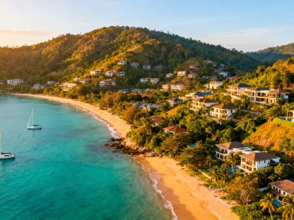 Phuket coastline with luxury villas and turquoise waters.
