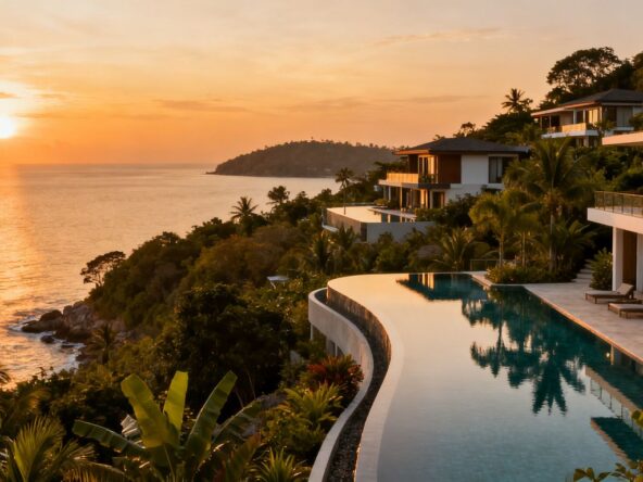 Luxury Phuket villas at sunset overlooking the sea.