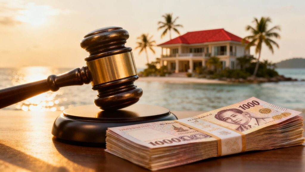 Gavel striking money near a villa, Phuket real estate crackdown.
