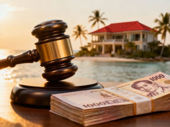 Gavel striking money near a villa, Phuket real estate crackdown.