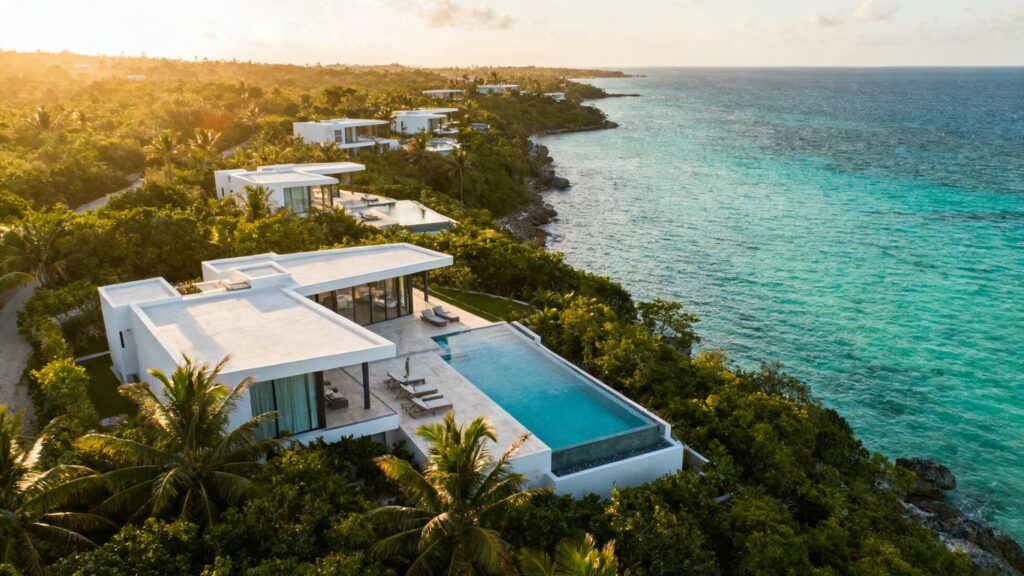 Luxury villas in Phuket overlooking the ocean.