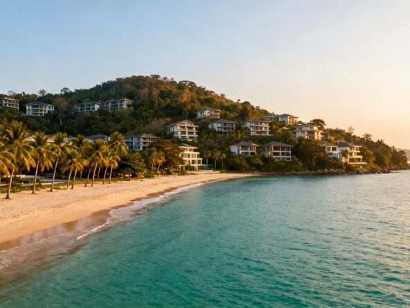 Phuket villas and condos overlooking a calm ocean.