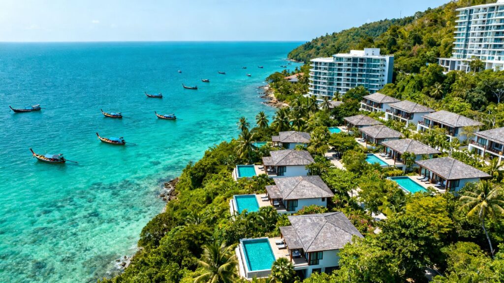 Phuket coastline with villas, apartments, and the sea.