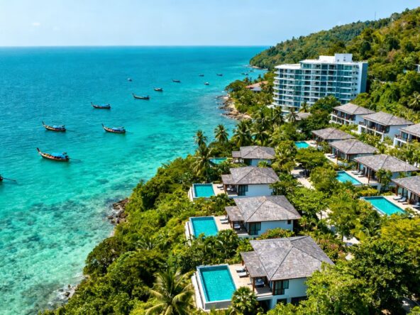 Phuket coastline with villas, apartments, and the sea.