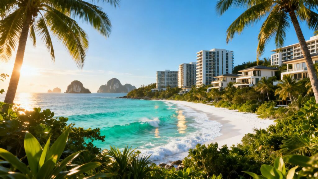 Phuket villas and coastline with tropical greenery and ocean.