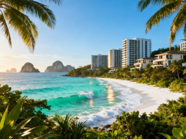 Phuket villas and coastline with tropical greenery and ocean.