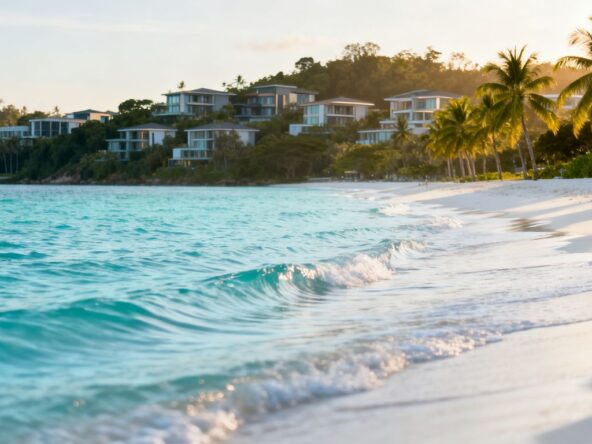 Phuket luxury villas and condos overlooking a tranquil beach.