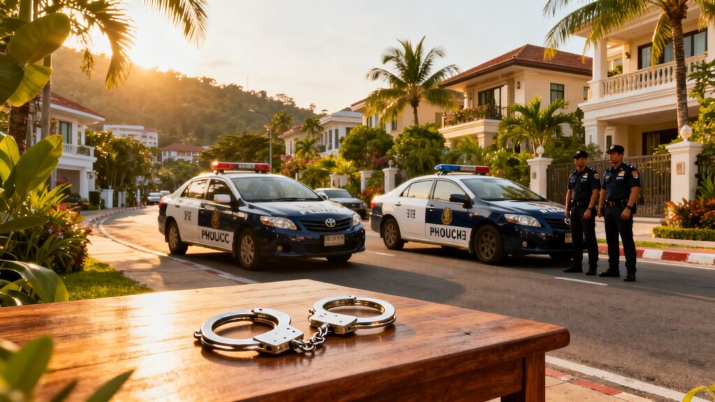 Phuket police arrest real estate suspects, handcuffs visible.