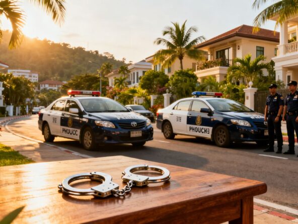 Phuket police arrest real estate suspects, handcuffs visible.