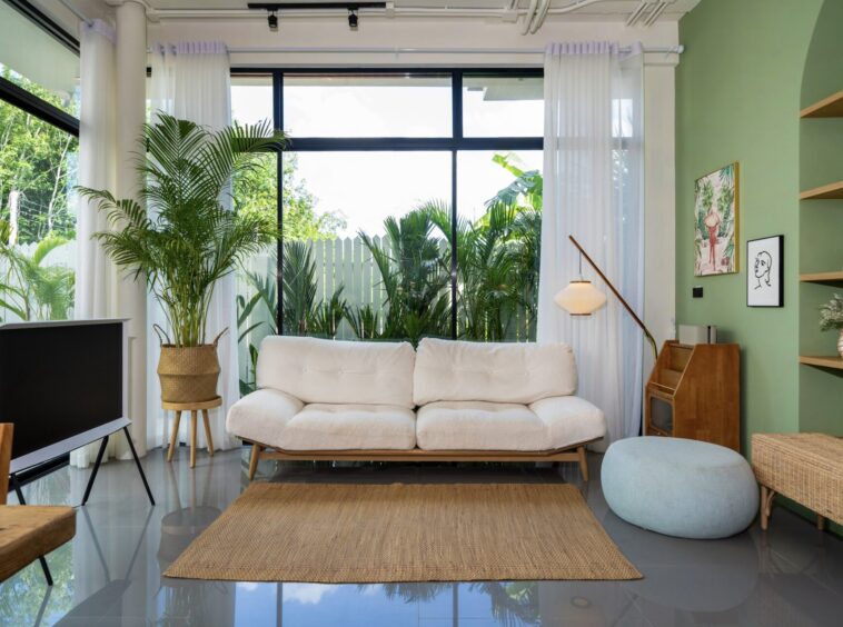 Bright living room with a white sofa, large glass windows, and lush indoor plants against a green wall.