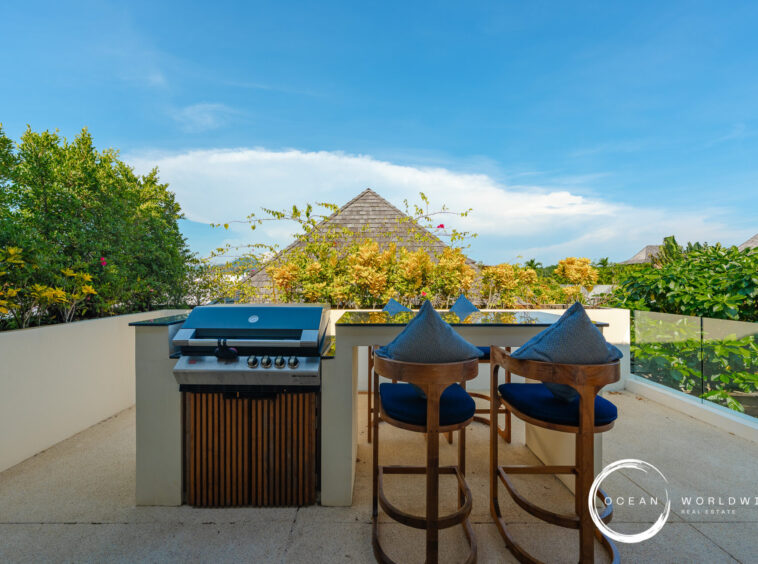 Outdoor balcony with a grill and two wooden chairs with blue cushions, glass railing, tropical plants, and a blue sky; Ocean Worldwide Real Estate watermark in corner.