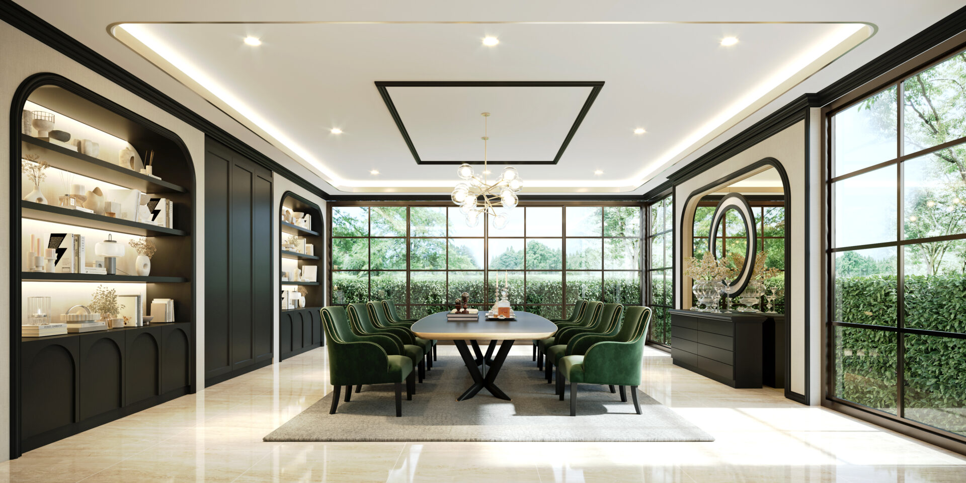 Luxurious dining room with a long oval table, green upholstered chairs, black cabinetry, and large windows letting in daylight.