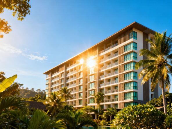 Phuket condo with tropical greenery and blue sky.