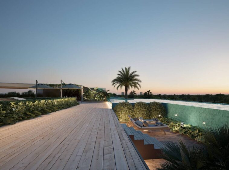 Sunset view over a luxurious rooftop pool area with palm trees, a wooden deck, and lounge chairs.