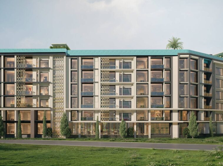 Modern six-story residential building with glass balconies, decorative screens, and a turquoise ribbon roof, set in a landscaped area.