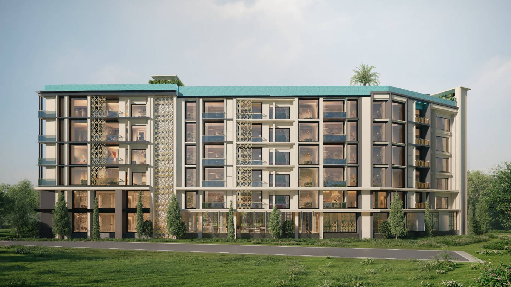 Modern six-story residential building with glass balconies, decorative screens, and a turquoise ribbon roof, set in a landscaped area.