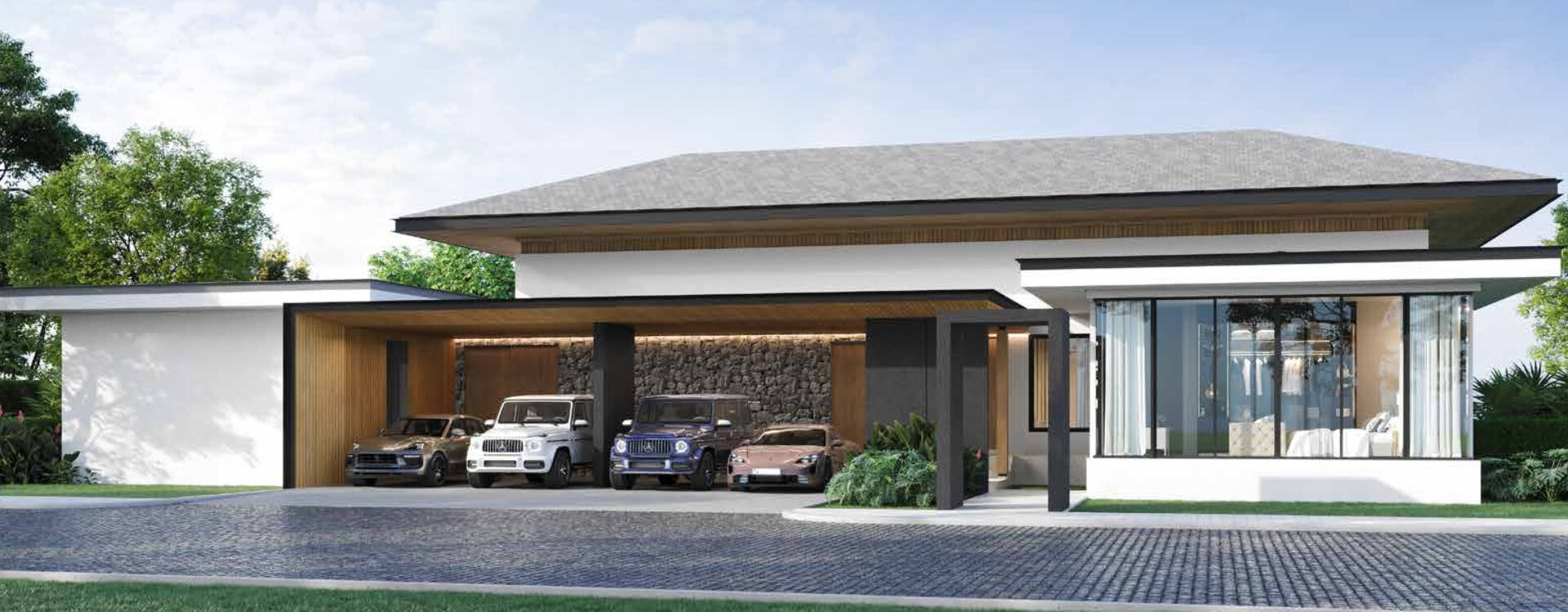 Modern single-story house with a wide carport housing multiple luxury cars, stone accent wall, and a large glass-front living space with sheer curtains.