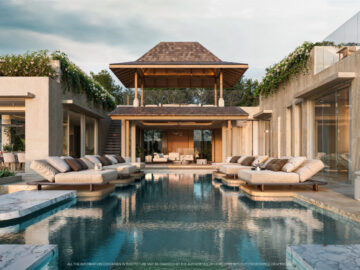 Luxurious modern villa with a long rectangular pool, white cushioned loungers, and a central wooden gazebo.