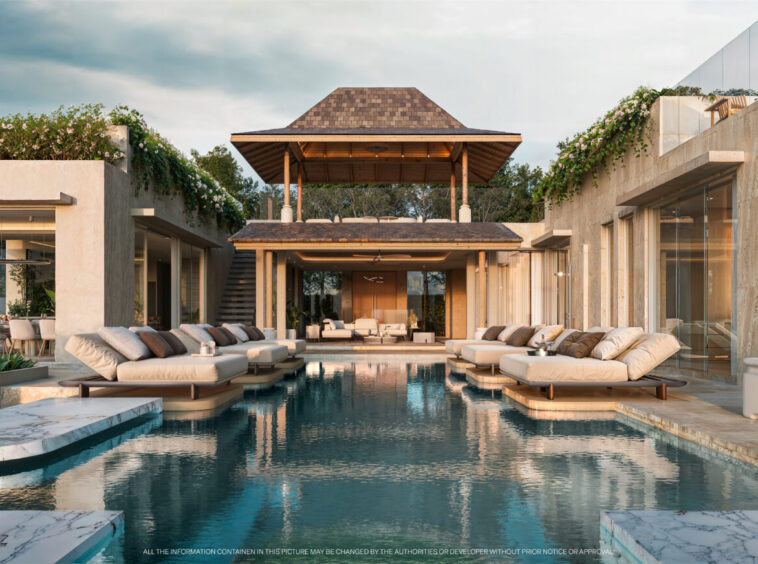 Luxurious modern villa with a long rectangular pool, white cushioned loungers, and a central wooden gazebo.