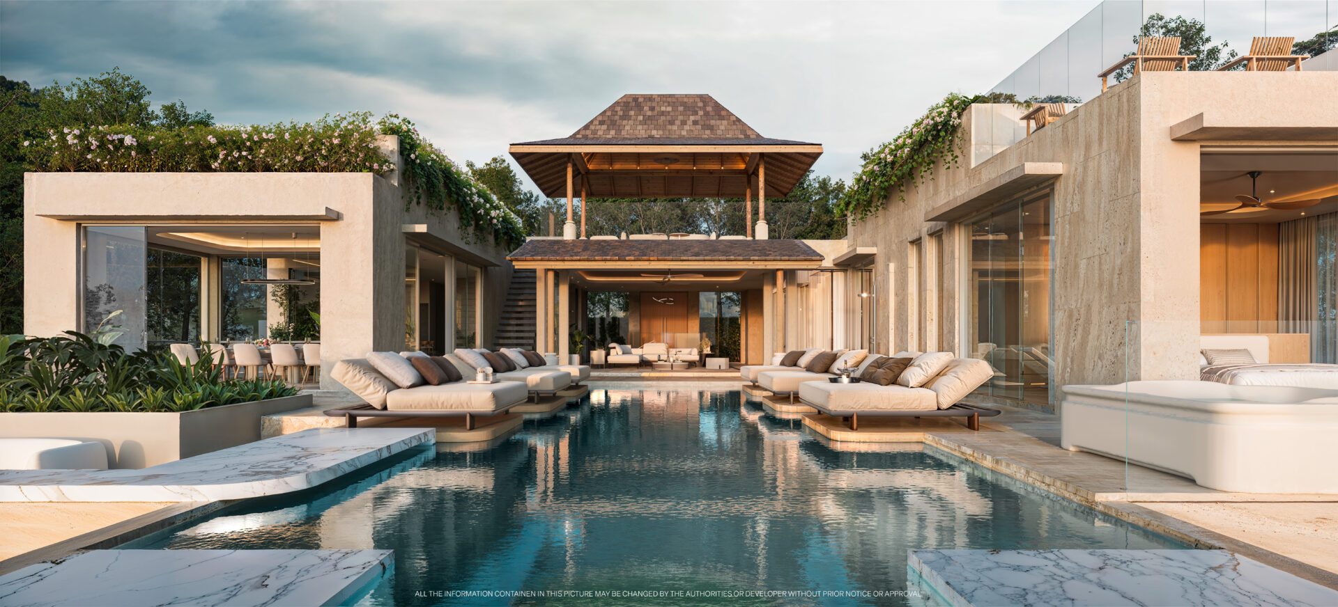 Luxurious modern villa with a long rectangular pool, white cushioned loungers, and a central wooden gazebo.