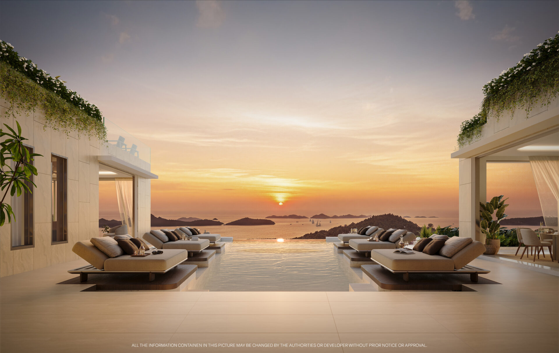 Sunset over the calm sea viewed from an infinity pool deck with lounge chairs at a modern resort