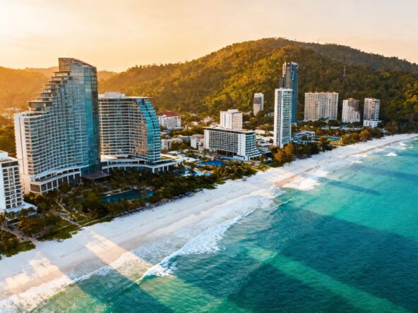 Phuket coastline with luxury resorts and beaches.