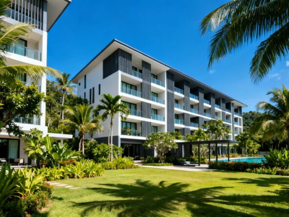 Phuket condo with tropical greenery and blue sky.