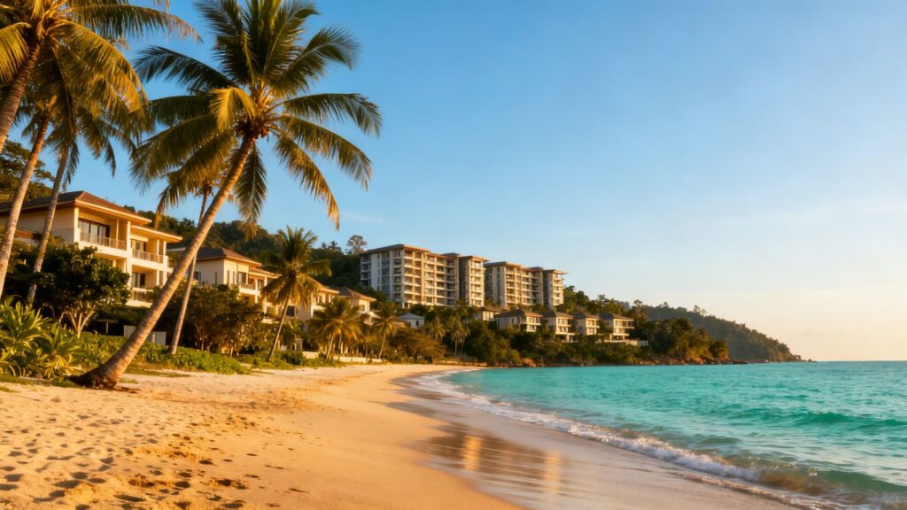 Phuket beach with luxury villas and condos.