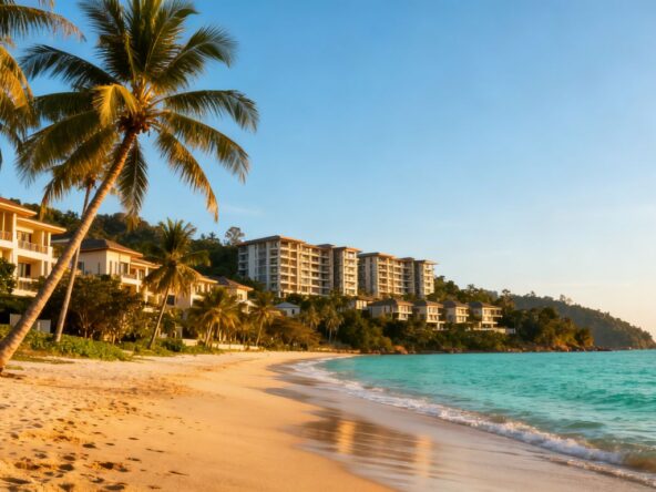 Phuket beach with luxury villas and condos.