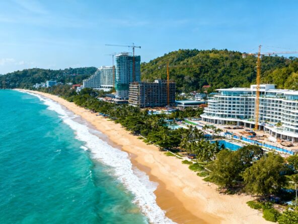 Phuket coastline with beaches, resorts, and construction.