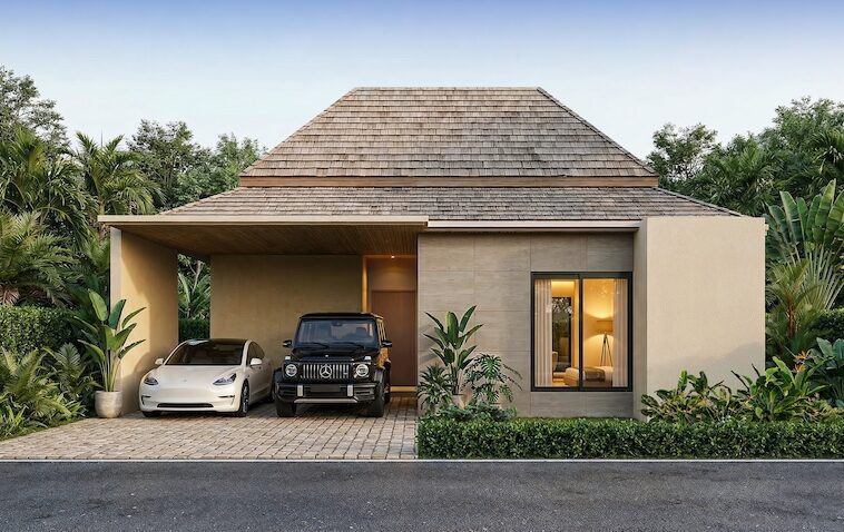 Modern single-story house with a wooden shingle roof; driveway under a carport holds a white sedan and a black SUV, surrounded by tropical plants.
