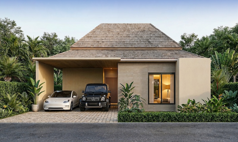 Modern single-story house with a wooden shingle roof; driveway under a carport holds a white sedan and a black SUV, surrounded by tropical plants.