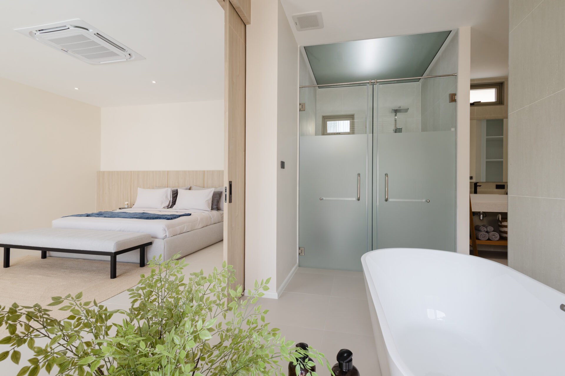 Open-plan hotel suite showing a bed area adjacent to a glass-walled bathroom with a frosted lower panel and a freestanding bathtub in the foreground, plus green plants in front.