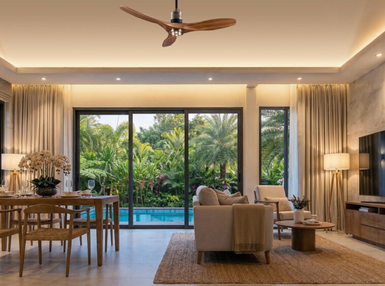 Spacious living and dining area with large glass doors opening to a lush tropical garden and pool outside, warm lighting, and modern wooden furniture.