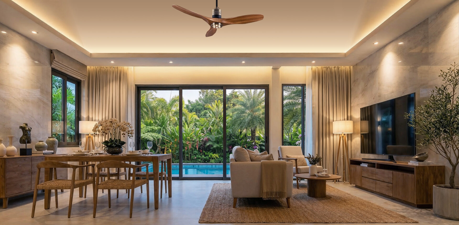 Spacious living and dining area with large glass doors opening to a lush tropical garden and pool outside, warm lighting, and modern wooden furniture.